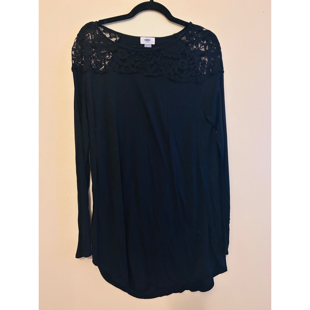Old Navy Lace Trim Tunic Top Womens Large Black Excellent Long Sleeve Side Slits